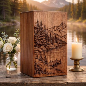 Mountain Lake and Tree Memorial Wooden Cremation Urn for Ashes – Personalized Nature Funeral Urn – Handcrafted Keepsake Urn