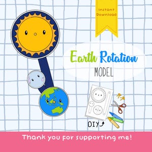 May include: A colorful Earth rotation model with a sun, moon, and Earth illustration. The image includes the text "Earth Rotation MODEL" and "Instant Download". Also included are DIY craft supplies like scissors and crayons.