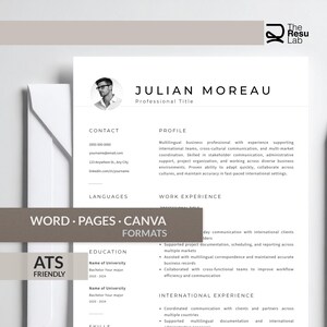 May include: A resume template with the name "Julian Moreau" at the top. The resume includes sections for contact information, profile, languages, work experience, education, and international experience. The resume is ATS friendly and available in Word, Pages, and Canva formats.