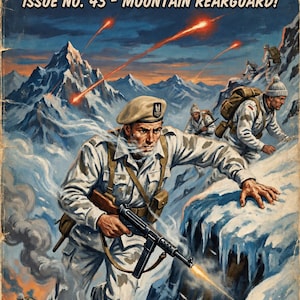Peut inclure: Couverture de bande dessinée vintage "SAS Adventures", numéro 43, intitulée "Mountain Rearguard!". L'illustration montre des soldats en tenue d'hiver, grimpant une montagne enneigée, avec des explosions et des tirs.