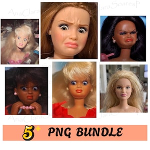 Könnte beinhalten: Fünf Puppengesichter mit verschiedenen Ausdrücken von Schock und Bestürzung. Die Puppen haben unterschiedliche Hauttöne, Haarfarben und Frisuren. Der Text "5 PNG BUNDLE" befindet sich unten.
