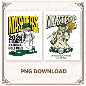 May include: Two Masters-themed illustrations. One features a cartoon golfer with a flag, the text "MASTERS 2026 AUGUSTA NATIONAL GOLF CLUB." The other shows a golfer with golf clubs and the same text. Both have a white background.