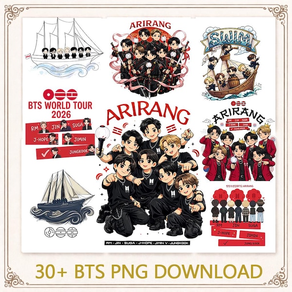 Pakiet BTS Arirang World Tour 2026 PNG 30+, projekt koszulki koncertowej K-pop, cyfrowa wersja We Are Back 2026, podpisy członków BTS