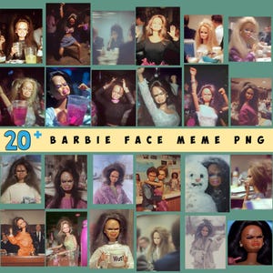 Puede incluir: Un collage de más de veinte imágenes que presentan una muñeca con una expresión facial distintiva, ambientada en varios escenarios. El texto "20+ BARBIE FACE MEME PNG" se muestra en un recuadro verde en la parte inferior.