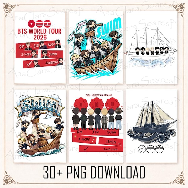 30種類以上のBTSアリランワールドツアー2026 PNGバンドル、K-POPコンサートシャツデザイン、We Are Back 2026デジタルダウンロード、BTSメンバーのサイン