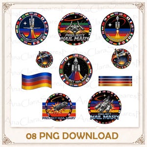 Puede incluir: Una colección de gráficos PNG coloridos con temática espacial. Los diseños incluyen insignias circulares con cohetes, transbordadores espaciales y el texto "PROJECT HAIL MARY". Las insignias están rodeadas de banderas y rayas coloridas. También hay una bandera colorida y el texto "08 PNG DOWNLOAD".