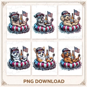 May include: Six digital illustrations of dogs in patriotic themes. Each dog is wearing sunglasses and a hat that says "USA 250", holding a beer bottle and a small American flag while floating in a red, white, and blue inner tube. The text "PNG DOWNLOAD" is at the bottom.