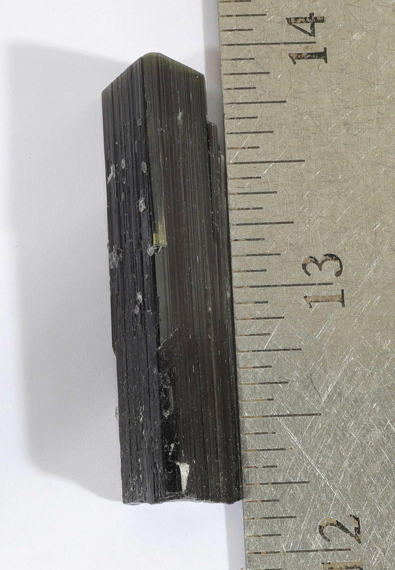 Pu&ograve; includere: Un cristallo di tormalina verde scuro allungato con striature verticali e aspetto sfaccettato, posizionato accanto a un righello metallico che mostra una lunghezza di circa 3,8 centimetri tra i segni di 12 e 13,5 pollici.