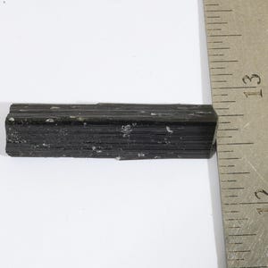 Pu&ograve; includere: Un cristallo minerale nero, allungato e prismatico, con una consistenza superficiale striata, posizionato orizzontalmente accanto a un righello metallico che mostra una lunghezza di circa 6,35 cm per il campione su uno sfondo bianco.