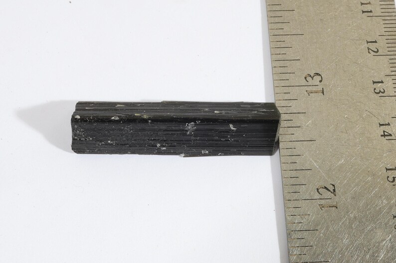 Pu&ograve; includere: Un cristallo minerale nero, allungato e prismatico, con una consistenza superficiale striata, posizionato orizzontalmente accanto a un righello metallico che mostra una lunghezza di circa 6,35 cm per il campione su uno sfondo bianco.