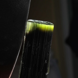 Pu&ograve; includere: Un cristallo di tormalina grezzo e allungato di colore verde scuro intenso. La parte superiore del minerale &egrave; traslucida e brilla di una tonalit&agrave; verde lime brillante quando illuminata, mentre il corpo inferiore rimane opaco e scuro.
