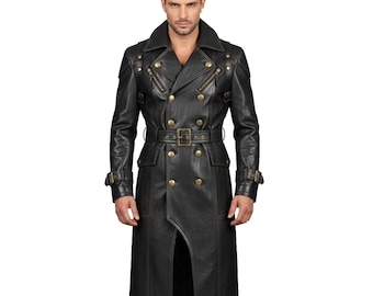 Vintage Leather Trench Coat Steampunk Long Duster Double Breasted Belted Coat Halloween Cosplay Costume