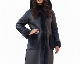 Abrigo largo de cuero negro para mujer: Chaqueta de invierno con capucha de piel