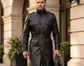 Men Safari Field Coat Leather Steampunk Military Duster Trench Coat Winter Sheepskin Gothic Overcoat