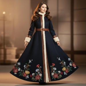 May include: A navy blue coat with a flared skirt and floral embroidery. The coat features a brown leather belt, trim, and cuffs, with a white faux fur collar and cuffs. The coat is floor-length and has a classic, elegant design.