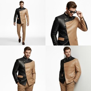 Leather Blazer Men Two-Tone Asymmetrical Modern Designer Jacket image 10