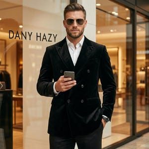 Puede incluir: Un blazer negro de terciopelo de doble botonadura con una camisa blanca. El blazer tiene solapas con muescas y un corte clásico. El hombre lleva gafas de sol y sostiene un smartphone. El escaparate de la tienda dice "DANY HAZY".