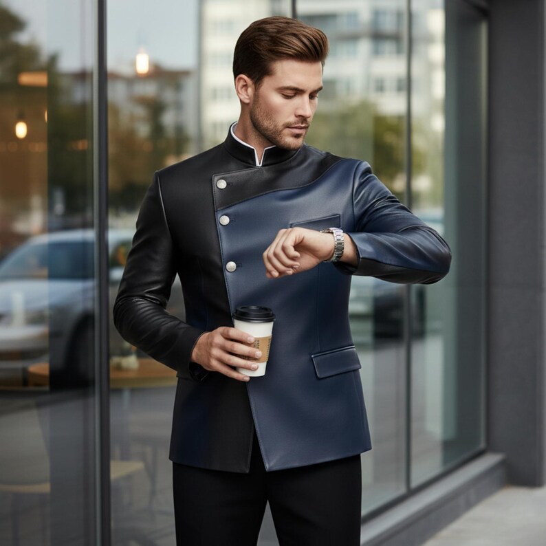 Leather Blazer Men Two-Tone Asymmetrical Modern Designer Jacket image 7