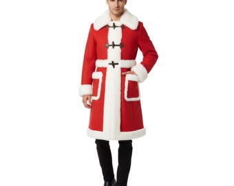 May include: A red coat with white faux fur trim, a white collar, and toggle closures. The coat has white trim along the front and around the pockets. The person in the image is wearing black pants and black shoes.