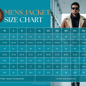 May include: A size chart for men's jackets, with measurements for jacket chest, body chest, waist, shoulder, sleeves, and back length. The chart includes sizes XS to 7XL, with measurements in inches. The brand logo is in the upper left corner.