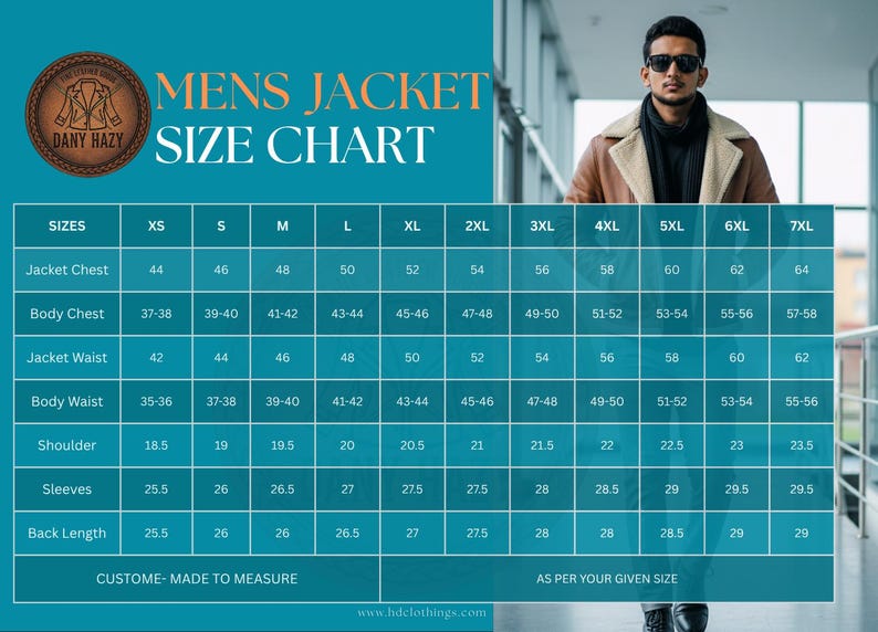 May include: A size chart for men's jackets, with measurements for jacket chest, body chest, waist, shoulder, sleeves, and back length. The chart includes sizes XS to 7XL, with measurements in inches. The brand logo is in the upper left corner.