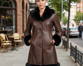 Abrigo bomber de mujer, de cuero con ribete de piel, estilo vintage, tipo gabardina, para invierno. Chaqueta/abrigo.