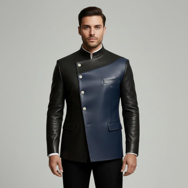 May include: A two-tone leather jacket in black and navy blue. The jacket features a mandarin collar, asymmetrical design, and three silver buttons. The sleeves are long and the jacket has a tailored fit. The jacket is worn over a white collared shirt.