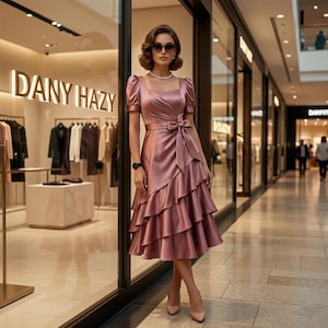 May include: A dusty rose satin midi dress featuring short puff sleeves, a square neckline, and a wrap-style bodice with a side tie waist. The skirt is designed with multiple cascading ruffled layers, creating a voluminous silhouette in a smooth fabric.