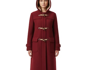 May include: A burgundy duffel coat with a hood and toggle closures. The coat has two front pockets and a light-colored lining in the hood. The coat is a classic style, suitable for cold weather.