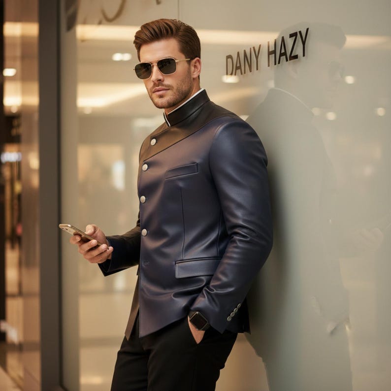 May include: A navy blue leather jacket with a black collar and silver buttons. The jacket has a unique asymmetrical design and a pocket on the chest. The text "DANY HAZY" is visible on the glass behind the jacket.