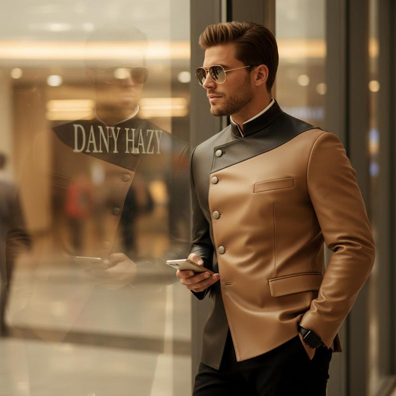 May include: A two-tone leather jacket in black and tan with a mandarin collar and button closure. The jacket has a diagonal color block design and a small pocket. The text "DANY HAZY" is visible in the reflection.
