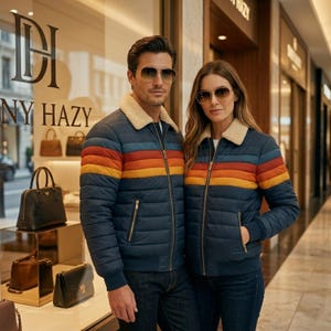 Puede incluir: Dos personas con chaquetas acolchadas azul marino a juego con un diseño de rayas horizontales en rojo, naranja y azul. Las chaquetas tienen un cuello de borreguillo color crema y cremalleras doradas. Las chaquetas son de la marca "NY HAZY".