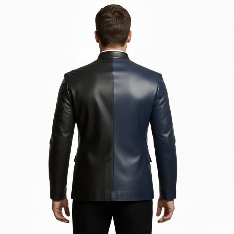 May include: A two-tone leather blazer, split vertically with one side black and the other navy blue. The jacket has a classic tailored fit with a notched lapel and two front pockets. The model is wearing black pants.