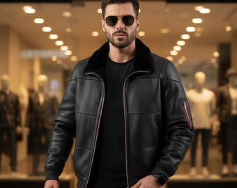 Männer Bomberjacke Schaffell Leder B-3 Aviator Pilot Winterflug Mantel Lammfell Warme Jacke