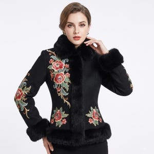 Dames wollen jas geborduurde bloemen winter shearling jas slim fit casual designerjack