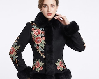 Women Wool Embroidered Jacket Floral Winter Shearling Coat Slim Fit Casual Designer Jacket