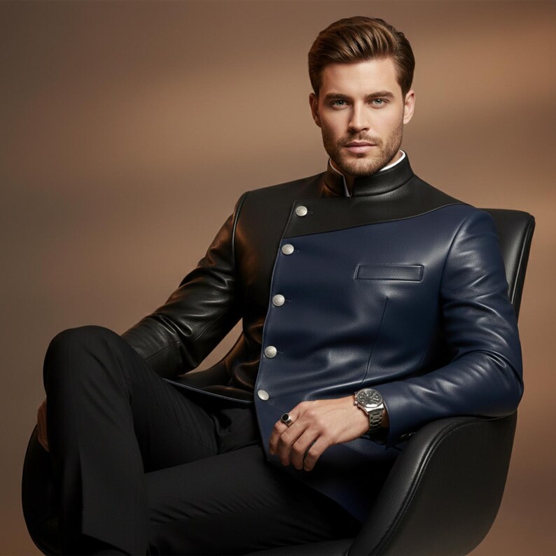 May include: A two-tone leather jacket in black and navy blue with a mandarin collar and silver buttons. The jacket is worn with black pants and a silver watch. The jacket has a unique asymmetrical design.