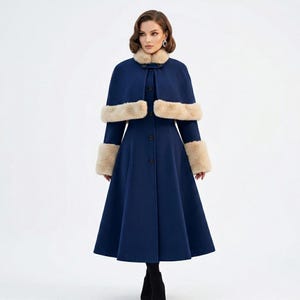 Abrigo de lana vintage para mujer, abrigo de invierno victoriano con forro de piel, abrigo de moda de un solo botón.