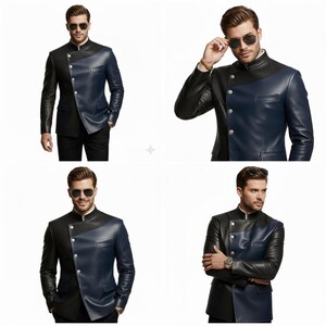 May include: A two-tone leather jacket with a mandarin collar. The jacket is split diagonally, with one side black and the other navy blue. It features a button closure and long sleeves. The jacket is a stylish outerwear option.