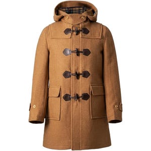 May include: A tan duffel coat with a hood and toggle closures. The coat features two front pockets and leather-like accents on the toggles. The hood lining has a plaid pattern. The coat is a classic outerwear garment.