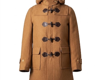 Abrigo de lana vintage estilo duffle, chaqueta bomber con capucha y cierre de botones, largo tres cuartos.