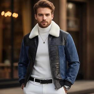 Chaqueta vaquera de motociclista para hombre, chaqueta de cuero con relieve de cocodrilo, abrigo bomber de aviador de invierno.
