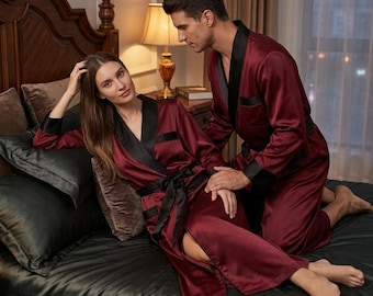 Couples Silk Robe Matching Satin Kimono Him Her Personalized Wedding Robes, Luxury Bridal Gown Custom Size