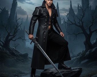 Men Gothic Coat Leather Trench Steampunk Long Duster Overcoat Victorian Military Cosplay Coat