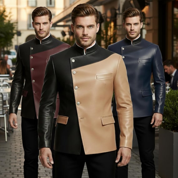 Leather Blazer Men Two-Tone Asymmetrical Modern Designer Jacket
