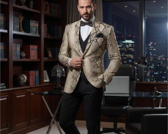Men Leather Blazer Snake Skin Slim Fit Python Coat Embossed Vintage Jacket Gift Him