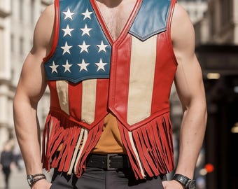 Chaleco de cuero con bandera de EE. UU., estilo periódico, chaqueta con flecos americanos
