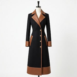 May include: A long black coat with brown leather detailing. The coat has a brown leather collar, pocket trim, and cuffs. Gold buttons fasten the front. The coat is displayed on a mannequin against a white backdrop.