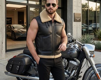 Vintage Western Vest Style Sleeveless Waistcoat Shearling Vest Black Biker Cowboy Jacket