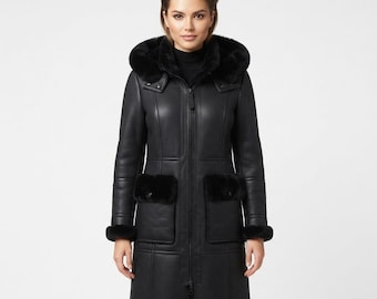 Women Black Leather Long Coat: Fur Hooded Winter Jacket